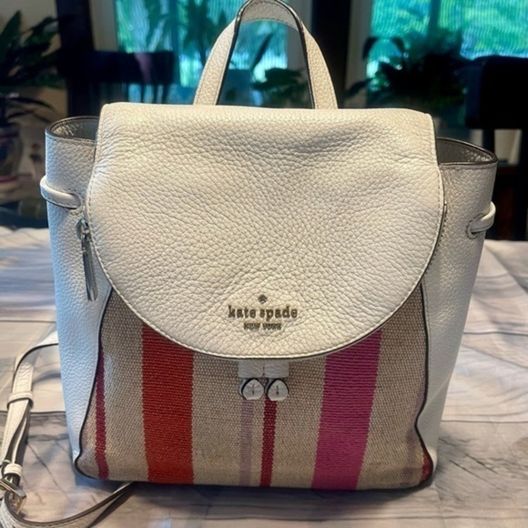 Kate ♠️ Spade White Pebbled Leather Backpack w/ pink, orange, brown fabric front - Picture 2 of 16